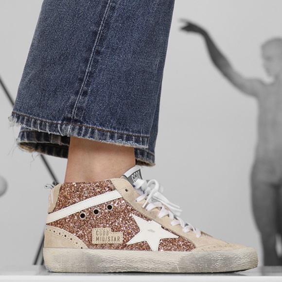 Golden Goose Mid Star Sneaker Rose Gold Glitter/Beige Leather/Suede 39 New Box - Picture 1 of 15